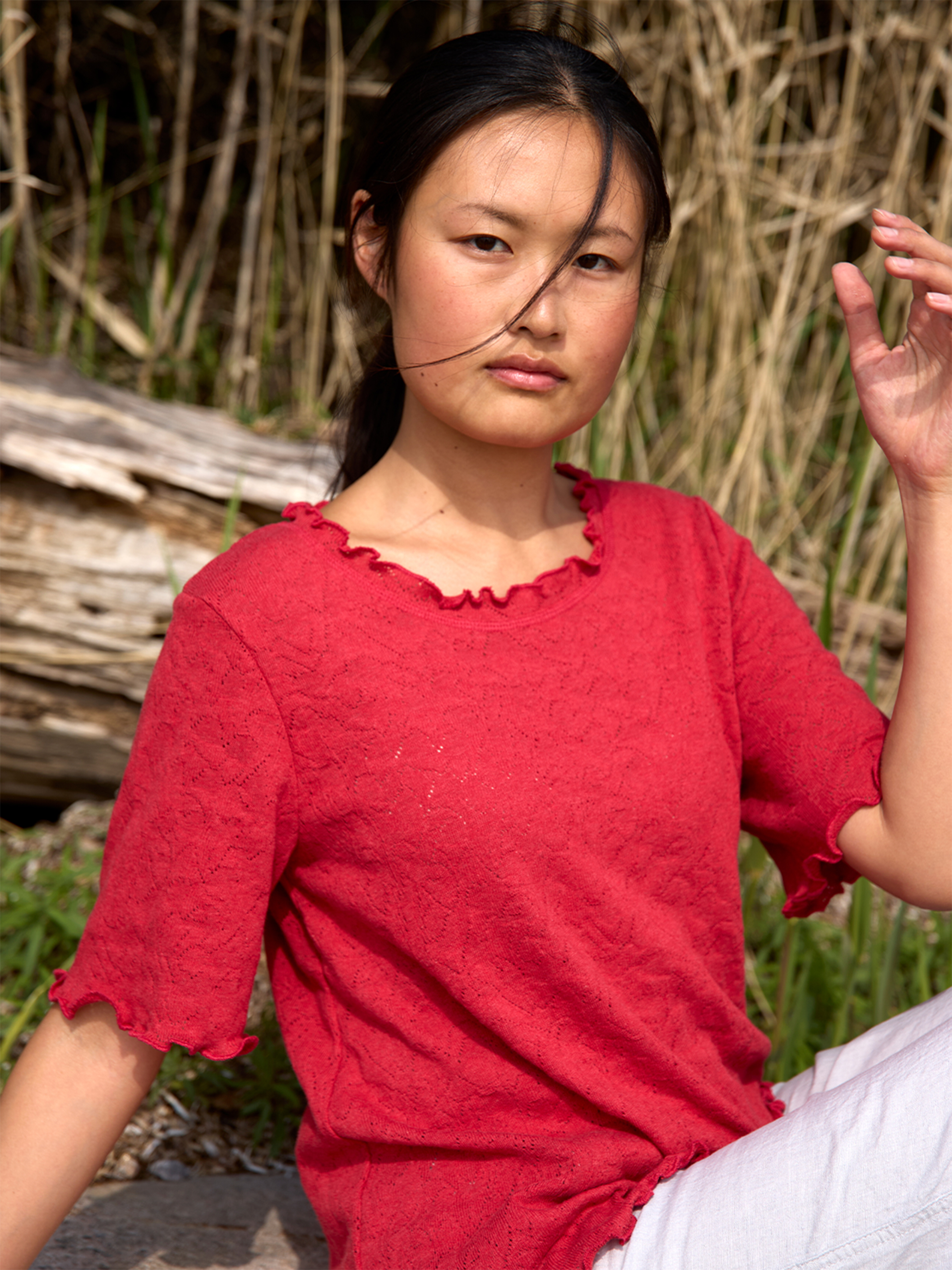 Frill shirt s/s jacquard organic cotton